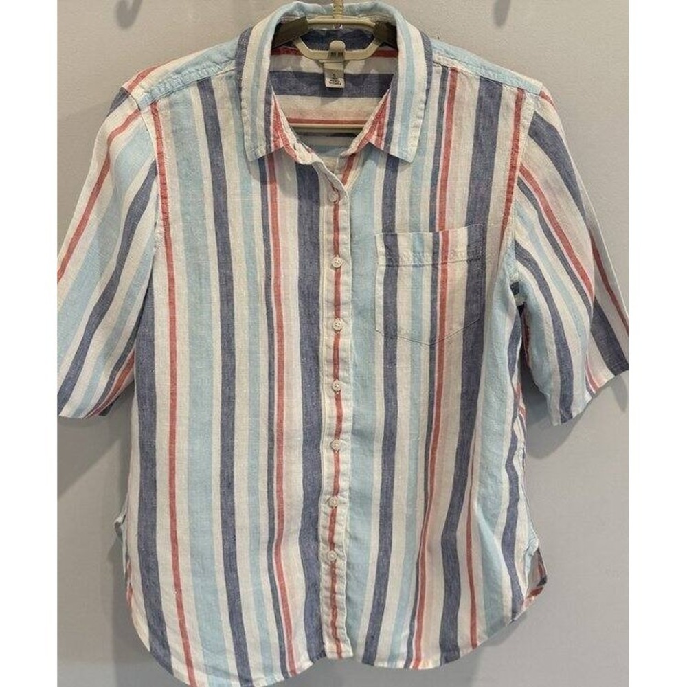 LL‎ Bean Premium Washable Linen Shirt Button Front Elbow Sleeve Stripe S Petite